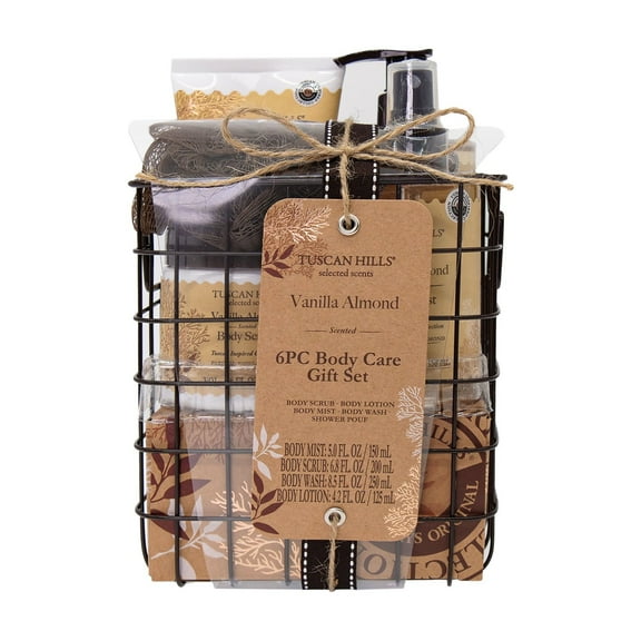 Tuscan Hills Body Care Gift Set with Shower Caddy, Vanilla Almond Scent, 6 Piece