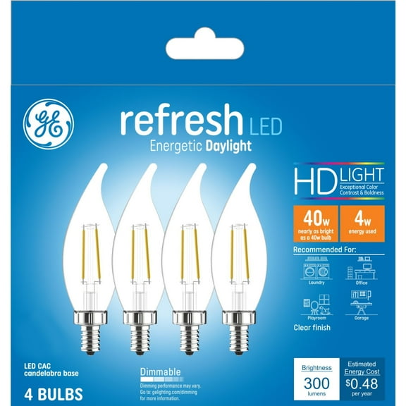 GE Refresh HD LED Light Bulbs, 40 Watts, Daylight, CA11 Candle Bulbs, Clear Finish, 4pk
