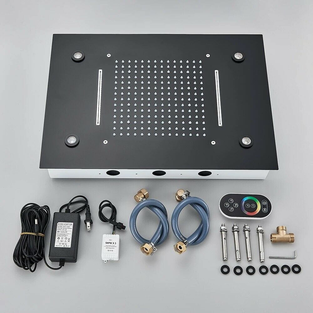 Luxury LED Rainfall Shower Head with Shower Bar High Pressure Top Ceiling Rain Matte Black