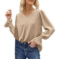 thumbnail image 3 of Women's Business Casual Tops Fashion V-Neck Solid Color Blouses Puff Long Sleeve Dressy Spring Shirts, 3 of 6