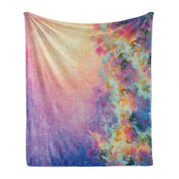 Purple Soft Flannel Fleece Throw Blanket, Watercolor Style Effect Spring Cherry Blossom Japanese Nature Print, Cozy Plush for Indoor and Outdoor Use, 50" x 70", Marigold and Purple, by Ambesonne