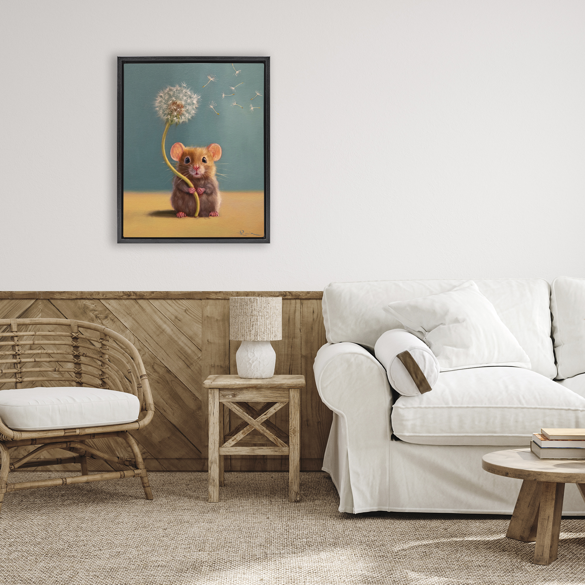 Tiny Wishes Mouse & Dandelion Black Framed Floater Canvas Wall Art, design by Lucia Heffernan