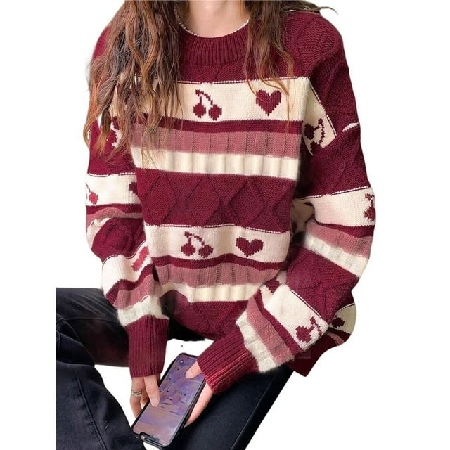 Suéter de Otoño para Mujer, Estilo Abuelo, Vintage, de Rayas, de Gran Tamaño, con Cuello Redondo, Larga, Hombros Caídos, Tejido de Punto Rojo XL