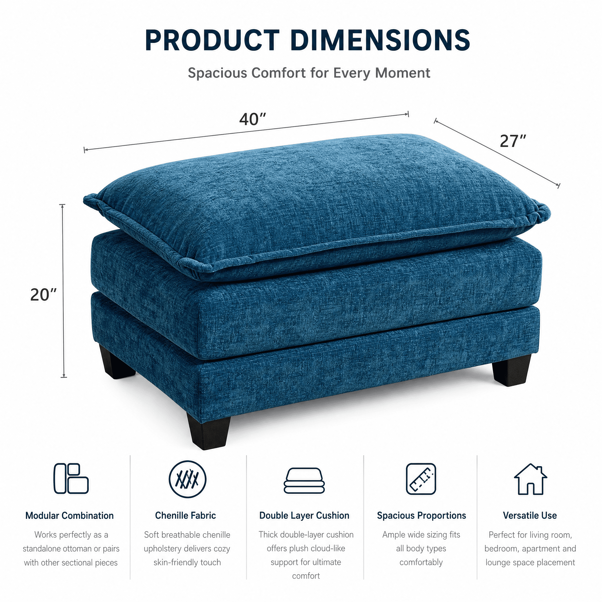 Cloud Sofa Ottoman Only, Modern Modular Sectional Ottoman, Breathable Chenille Fabric Upholstered Footrest with Double Layer Cushion, Accent Bench for Living Room Bedroom Apartment, Blue