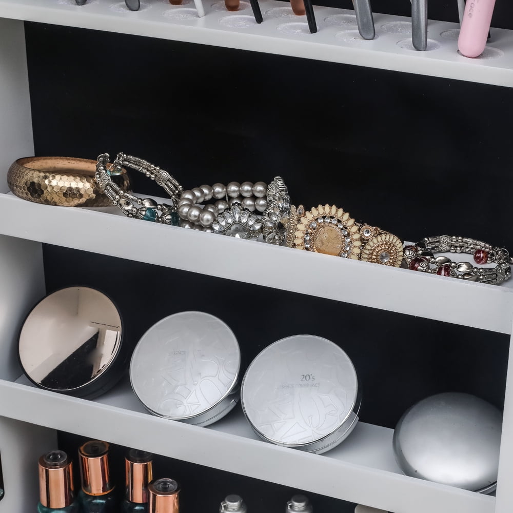 Kepooman Full Mirror Wooden Wall Mounted 3-Layer Shelf 17 Cosmetic Brush Holders With Inner Mirror 8 Blue LED Light Mirror Cabinets - White Kepooman Full Mirror Wooden Wall Mounted 3-Layer Shelf 17 Cosmetic Brush Holders With Inner Mirror 8 Blue LED Light Mirror Cabinets - White