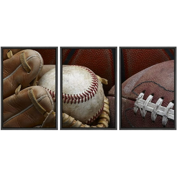 wall26 Framed Canvas Print Wall Art Set Baseball, Mitt, Football & Basketball Sports Athletes Photography Realism Contemporary Scenic Colorful for Living Room, Bedroom, Office - 24"x36"