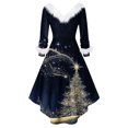 thumbnail image 3 of Women's Fashionable Casual Fitted Christmas Print Party Long-Sleeved V-Neck Hair Collar Dress for Holiday Parties and Events,Dark Blue,S, 3 of 5