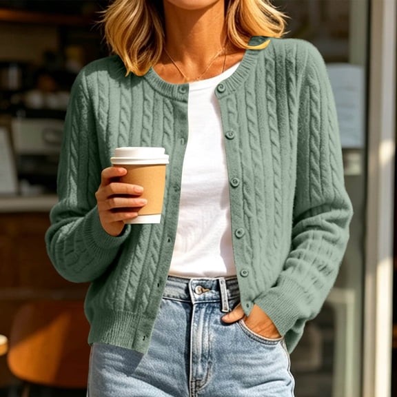 Dolkfu Crew Neck Fall Winter Tops for Women Wool-Like Fabric Green Long Sleeve Cardigan Cardigan Sweaters Solid Relaxed Fit Refined Tops Army Green,L