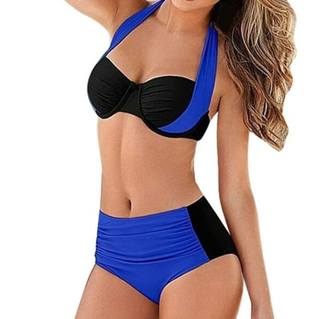 Rigardu Hot Sale!! Women s High Waisted Bikini Sets V Neck Two Piece Bathing Suits Womens High Waist Padded -Up Bikini Set Swimsuit Bathing Suit Swimwear Blue Xxl