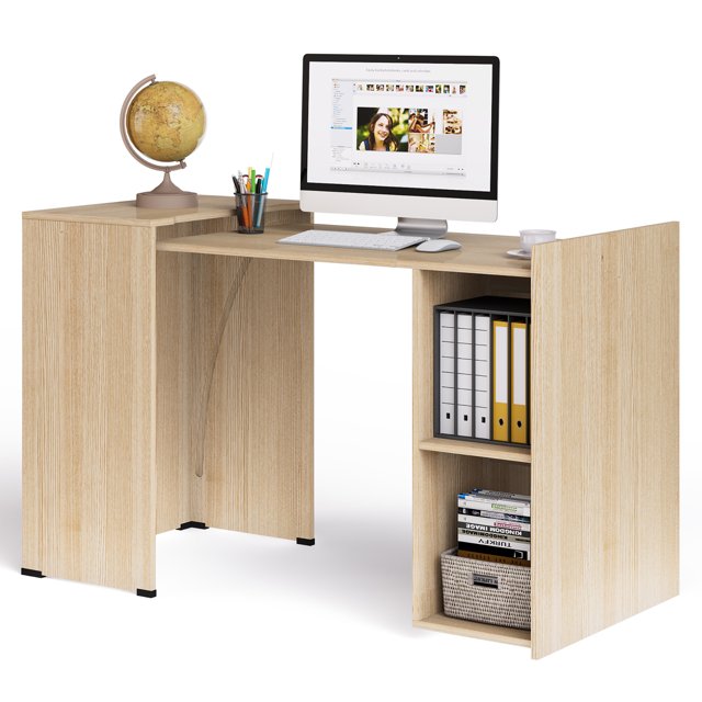 Costway Extendable Computer Desk Reversible Study Writing Desk w/ Mobile Shelves Natural