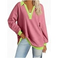 thumbnail image 2 of Fanxing V Collared Sweatshirt for Women 2025 Fall Color Blocked Long Sleeve Pullover Comy Lightweight Boyfriend Sweatshirts Cancel Order Pink,M, 2 of 4