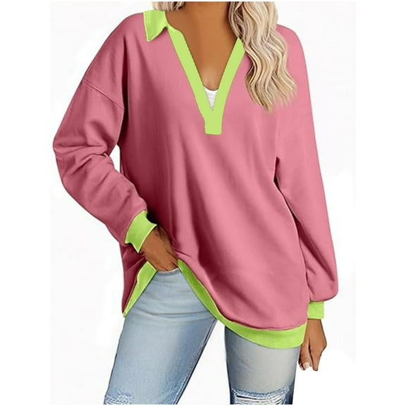 Nmnitkp Women's Oversized Sweatshirt Long Sleeve V-Neck Comfort Colors Sweatshirts Color Block Collar Hoodies Fall Winter Pullover Tops