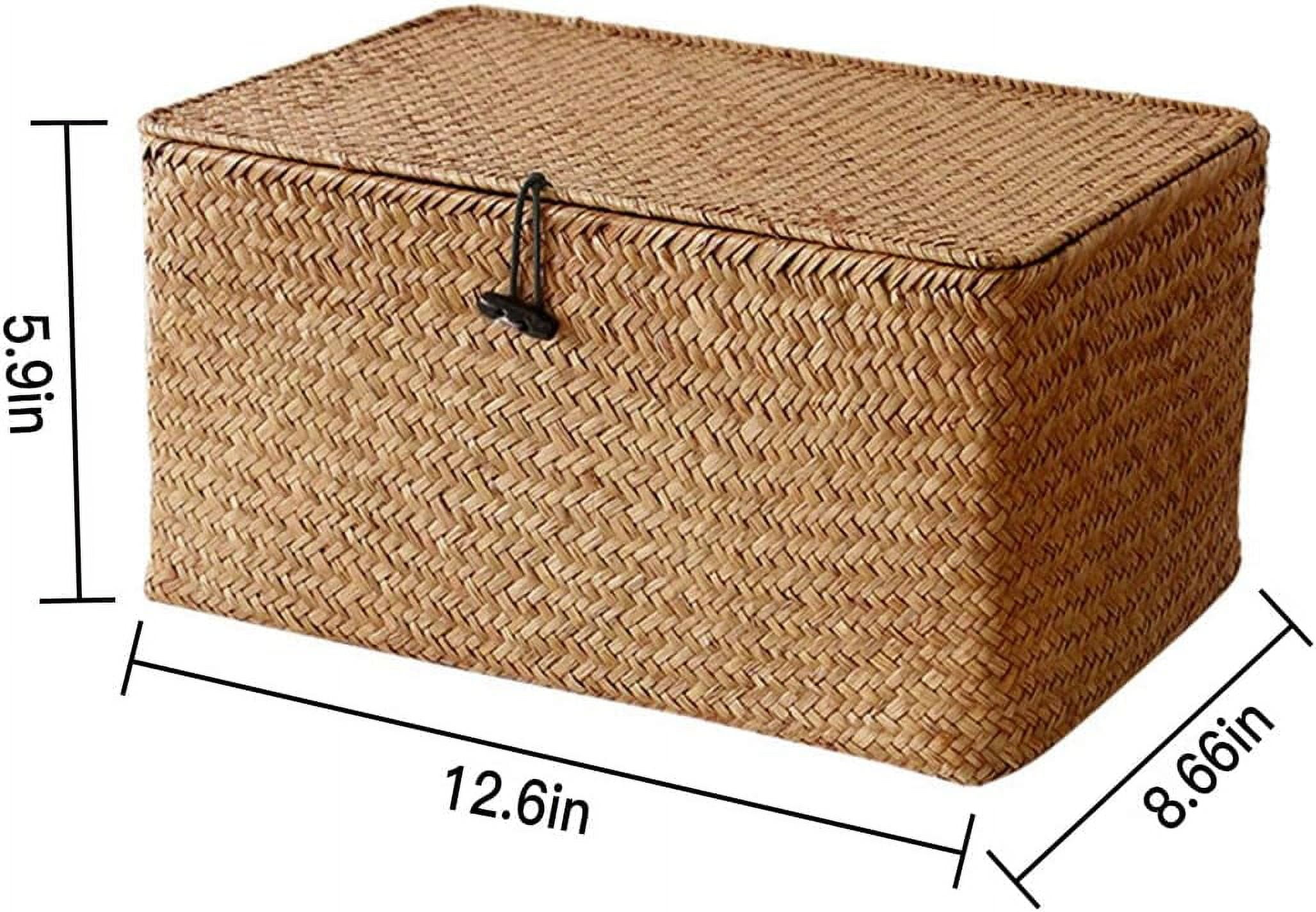 Wicker Storage Bins with Lid, 12.6inch Wicker Storage Baskets for Organizing, Rectangular Household Organizer Boxes,Woven Shelf Organizer Bins Home Utility Organizer Box for Home & Office Supplies