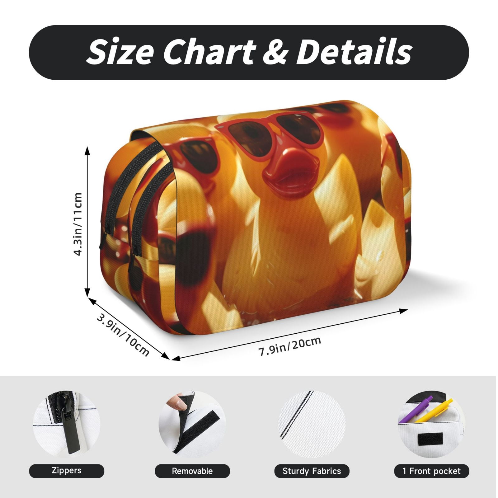 Rateoe Sunglasses Yellow Duck Pattern Double Clamshell Pen Case, Storage Organizer with Two Zipper Compartments– Holds Up to 50 Pencils & Pens