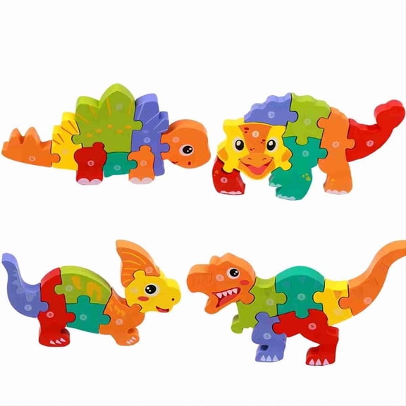 GZHLWRCV 4Pcs Montessori Mama Wooden Toddler Puzzles Toys for Ages 1-4,Dinosaur Series.