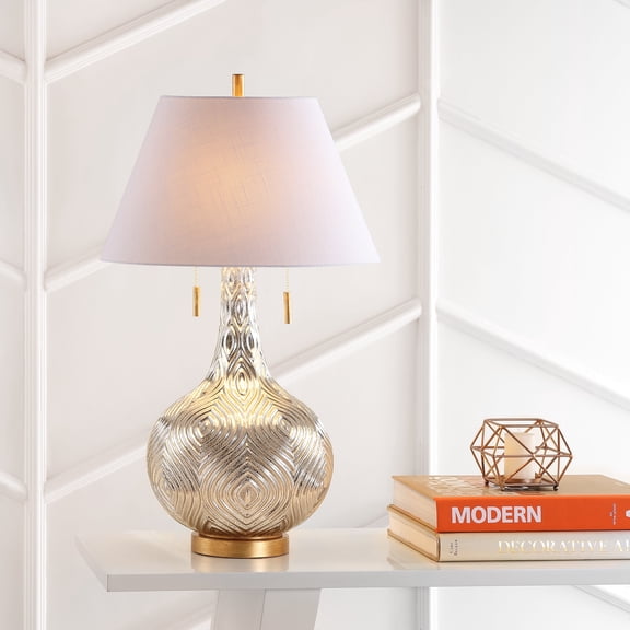 JONATHAN Y Highland 30.75" Gourd Glass LED Table Lamp, Mercury Silver/Gold, JYL6206A