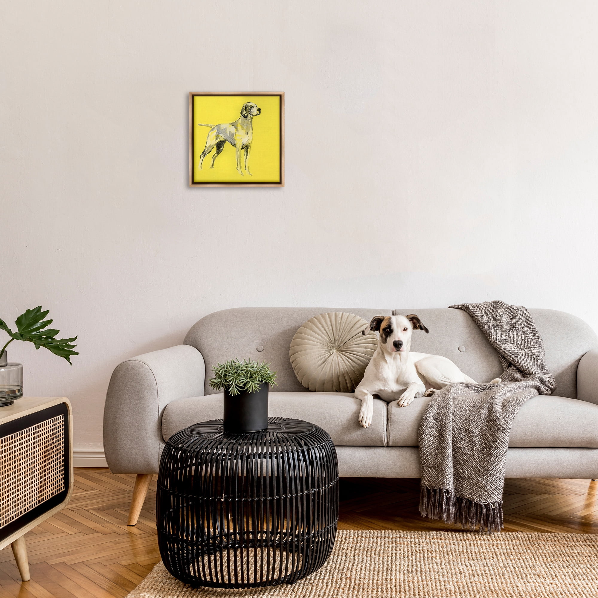 Stupell Industries Modern Dog on Yellow Animals & Insects Painting Brown Floater Framed Canvas Art Print Wall Art, 18 x 18
