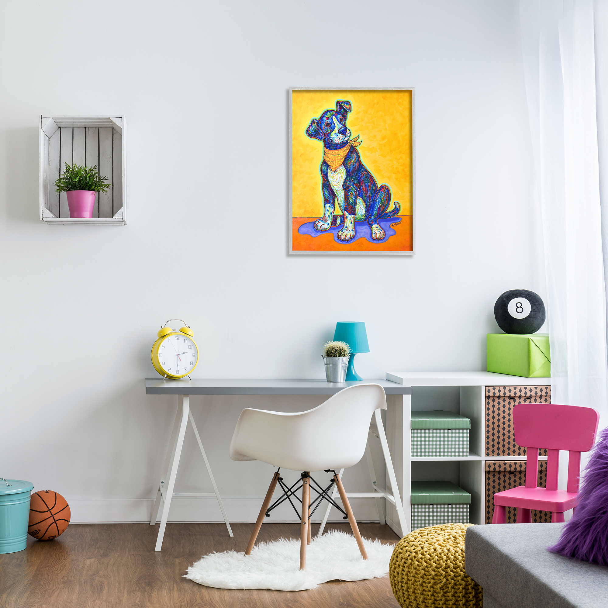 Stupell Industries Blue & Yellow Abstract Dog Animals & Insects Painting Gray Framed Art Print Wall Art, 24 x 30