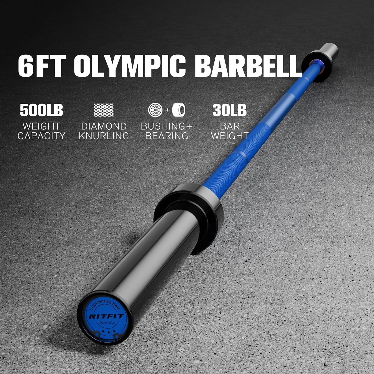 RitFit Olympic Barbell 6FT - 2 Inch Weight Bar for Strength Training, Weightlifting, Squat, Deadlift, Bench Press, Curl, Overhead Press - 500lbs Capacity Black/Blue