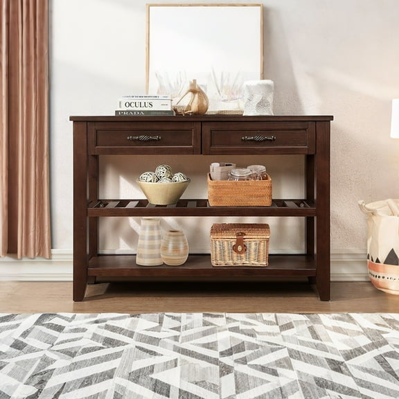 42'' Farmhouse Console Table,Console Sofa Table with 2 Storage Drawers and 2 Tiers Shelves, Mid-Century Wood Buffet Sideboard for Living Room Kitchen Dining Room Entryway Hallway (Espresso)