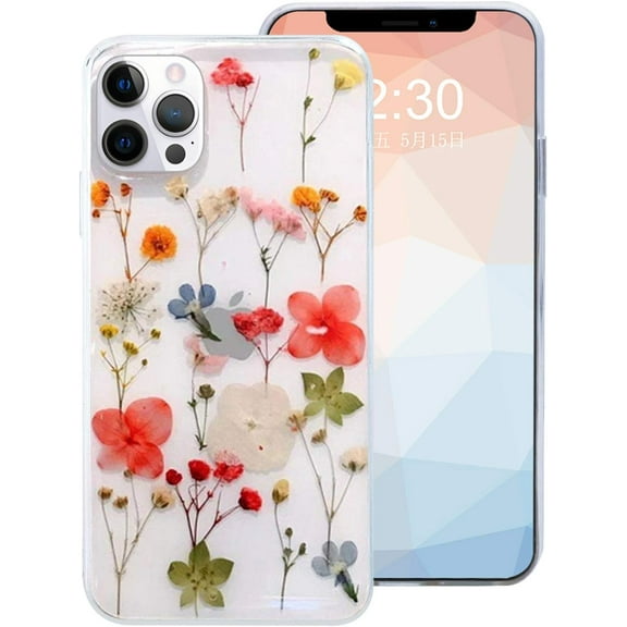 Compatible with iPhone 15 Pro Max Flower Girly Case, Girls Floral Design Pressed Dry Real Flowers Slim Cover Case Silicone TPU Rubber Romantic Cute Protective Clear Case for Women Girl Kids Red