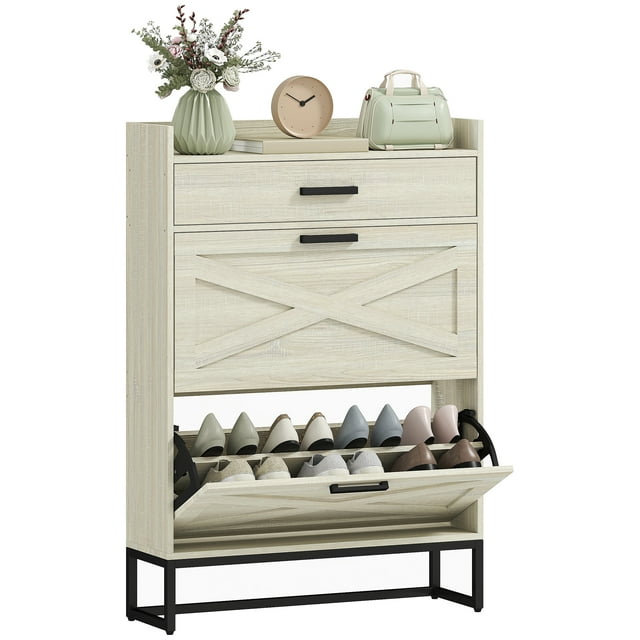 HOMCOM Armoire à Chaussures Étroite avec 2 Portes Rabattables et Tiroir Supérieur, Blanc