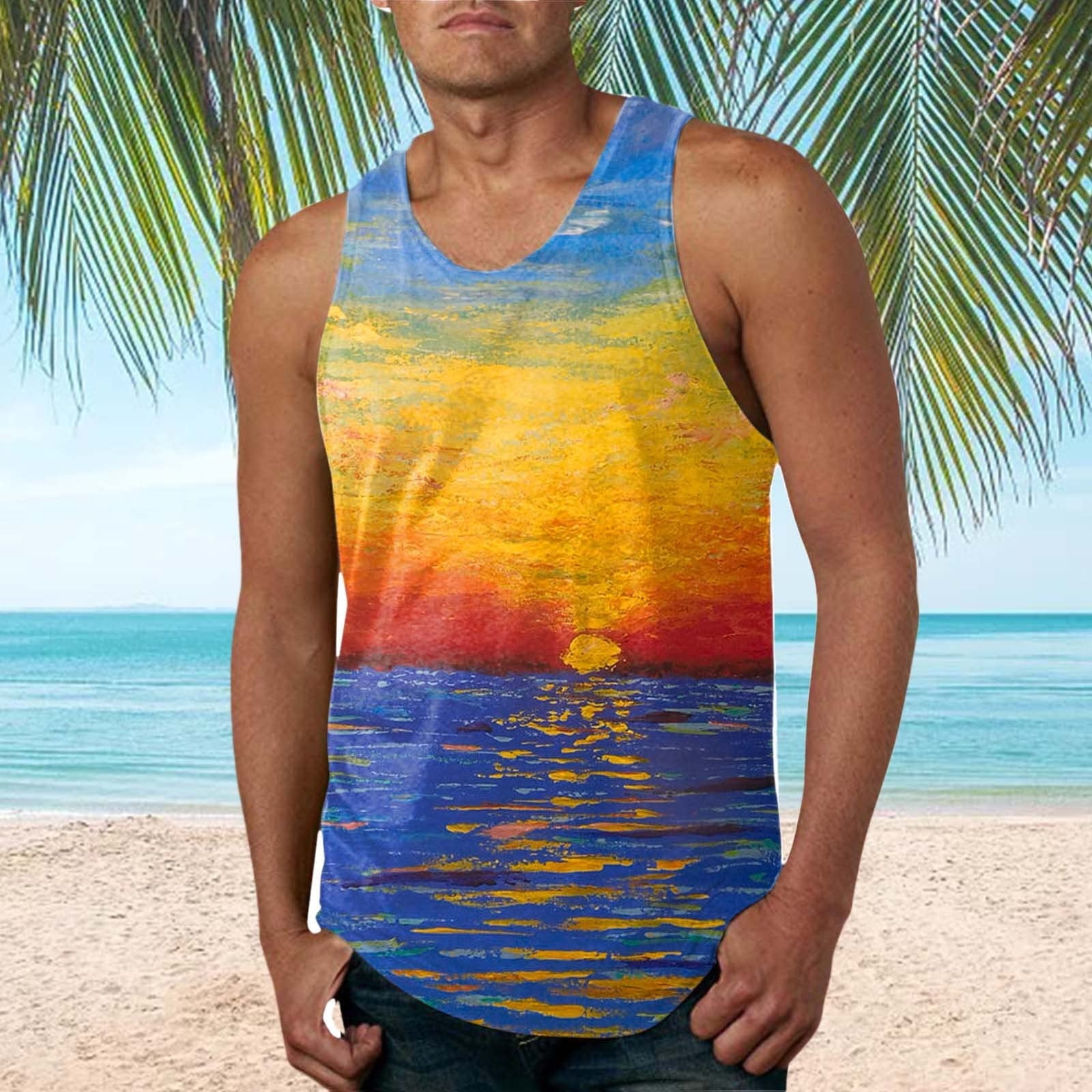 FAFWYP Men's Floral Print Hawaiian Tank Top Sleeveless Loose Fit Beach Shirts Summer Casual