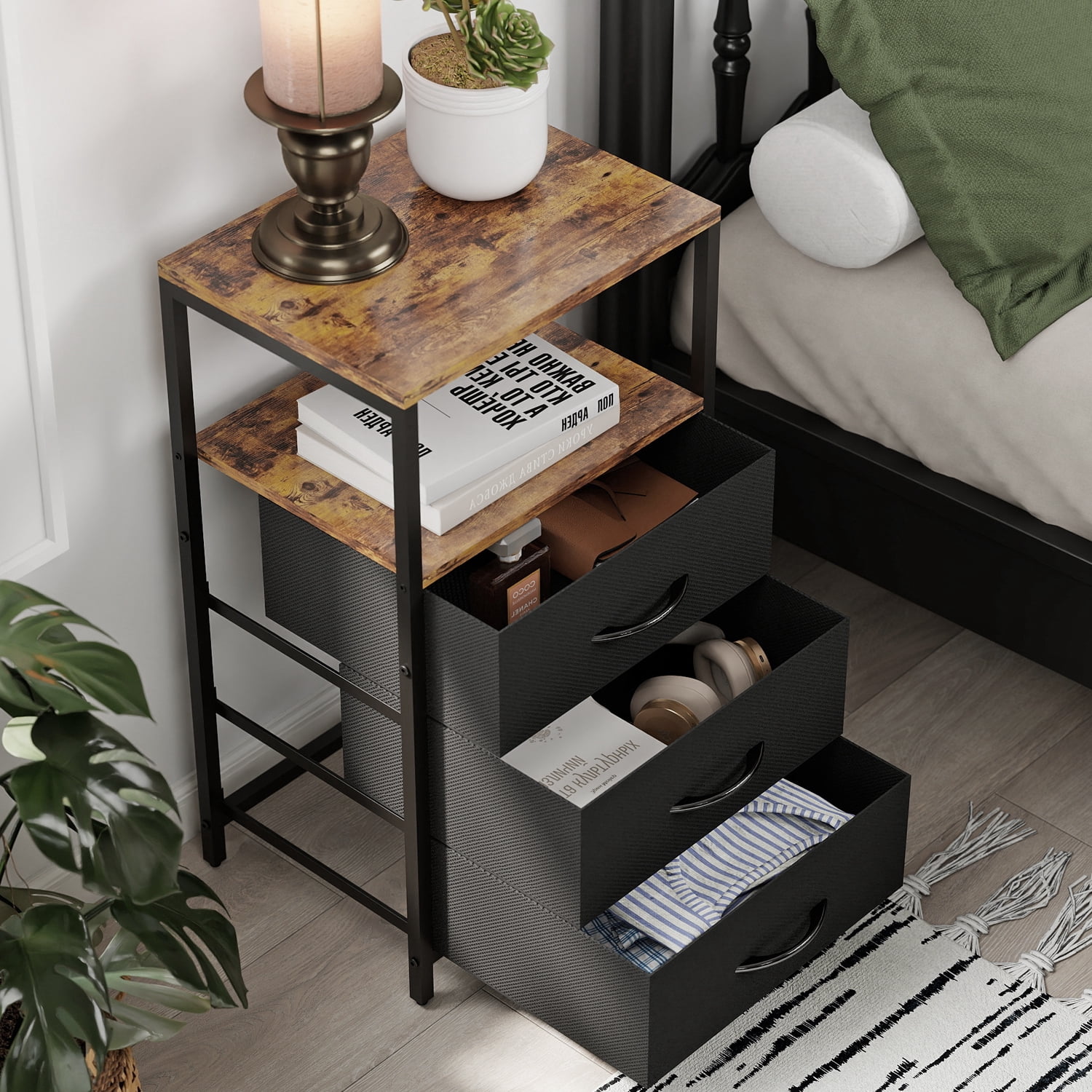 LENLN ‌Nightstand,Side Table with 3 Fabric Drawers End Table with Open Shelf,Bedside Table Night Stand for Bedroom ,Closet, Dorm, Rustic Brown and Black
