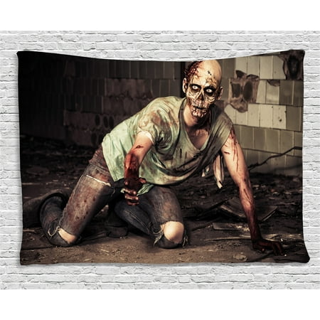 Zombie Decor Tapestry, Halloween Scary Dead Man in Old Building with Bloody Head Nightmare Theme, Wall Hanging for Bedroom Living Room Dorm Decor, 80W X 60L Inches, Grey Mint Peach, by Ambesonne