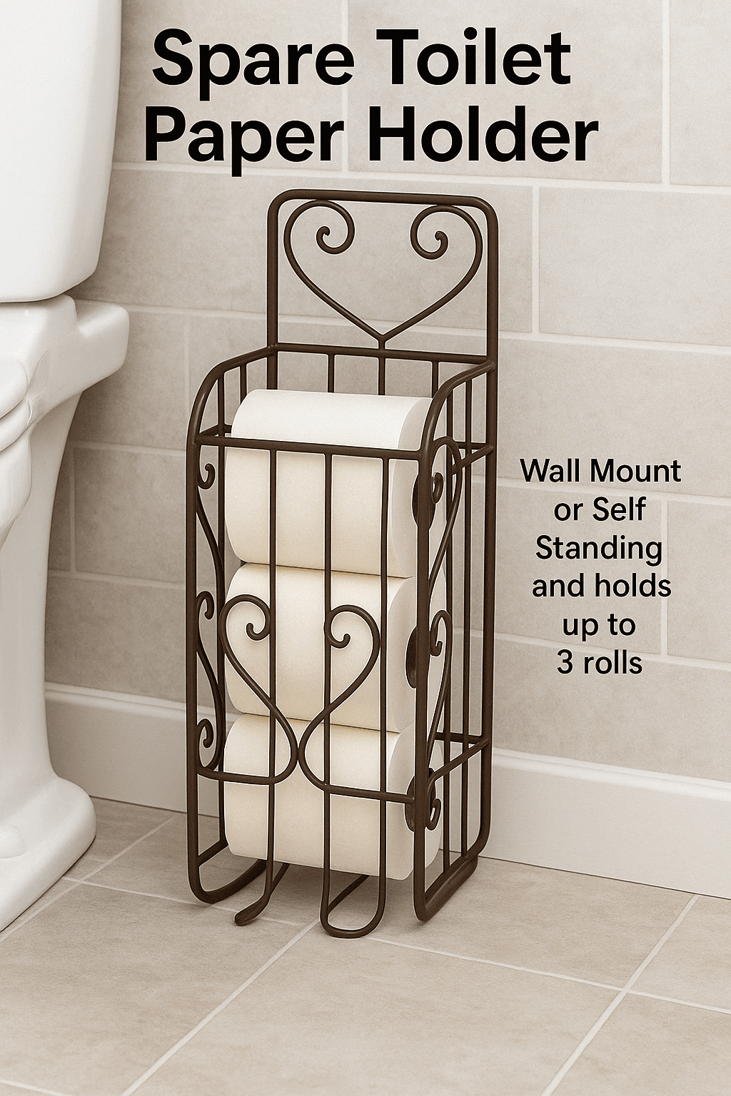 Dependable Industries Spare Toilet Paper Holder Wall Hanging Or Self Standing Storage Unit Rack Brown Metal Steel Bathroom Décor Holds Extra Rolls