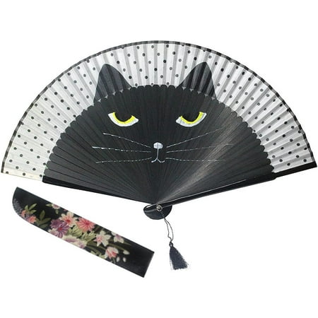 

QWZNDZGR Women Cartoon Cat Folding Silk Fan Jepanese Girls Handheld Fan (Black)