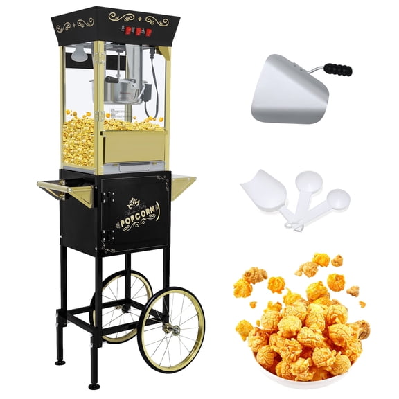 2-in-1 Tabletop/Cart 12-Ounce Commercial Popcorn Machine - 850W Nostalgia Popcorn Maker with Tempered Glass & Storage Cabinet, Movie Pop corn Machine for Parties, Events & Home Theater (Black)