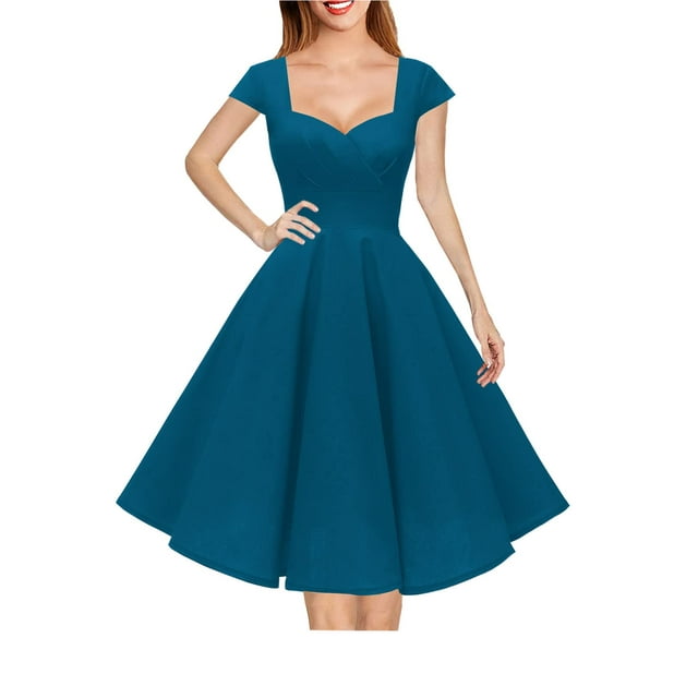Hanpceirs Robe de Soirée Vintage des Années 1950 à Manches Courtes pour Femmes Robe de Cocktail Robes Formelles avec Poche Bleu Acier L