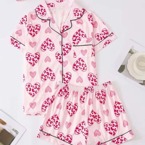 Wxolcjlv Leopard Heart Print Pajama Set For Women Short Sleeve Button Front Sleep Shorts