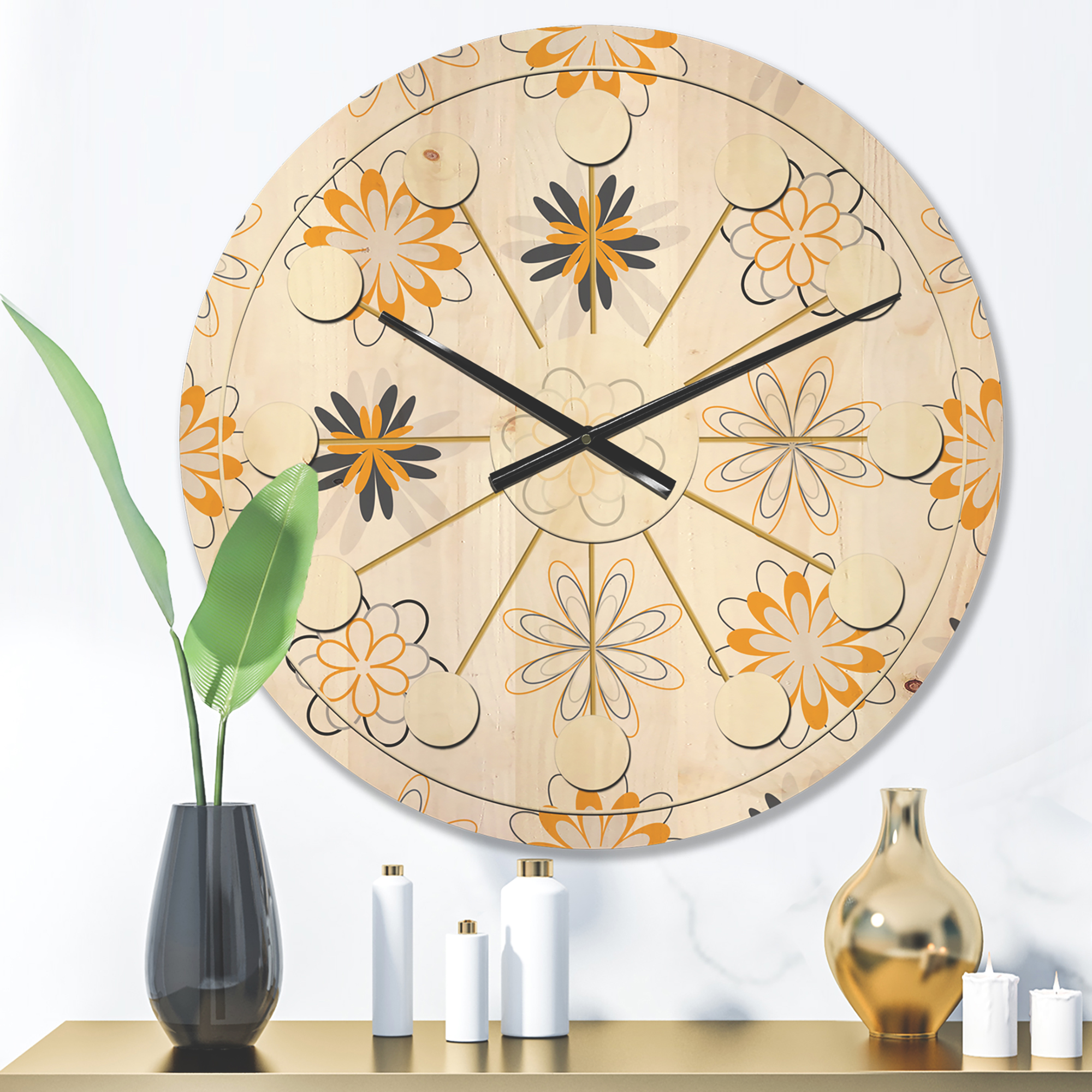 Designart 'Floral Retro Pattern VIII' Mid-Century Modern Wood Wall Clock