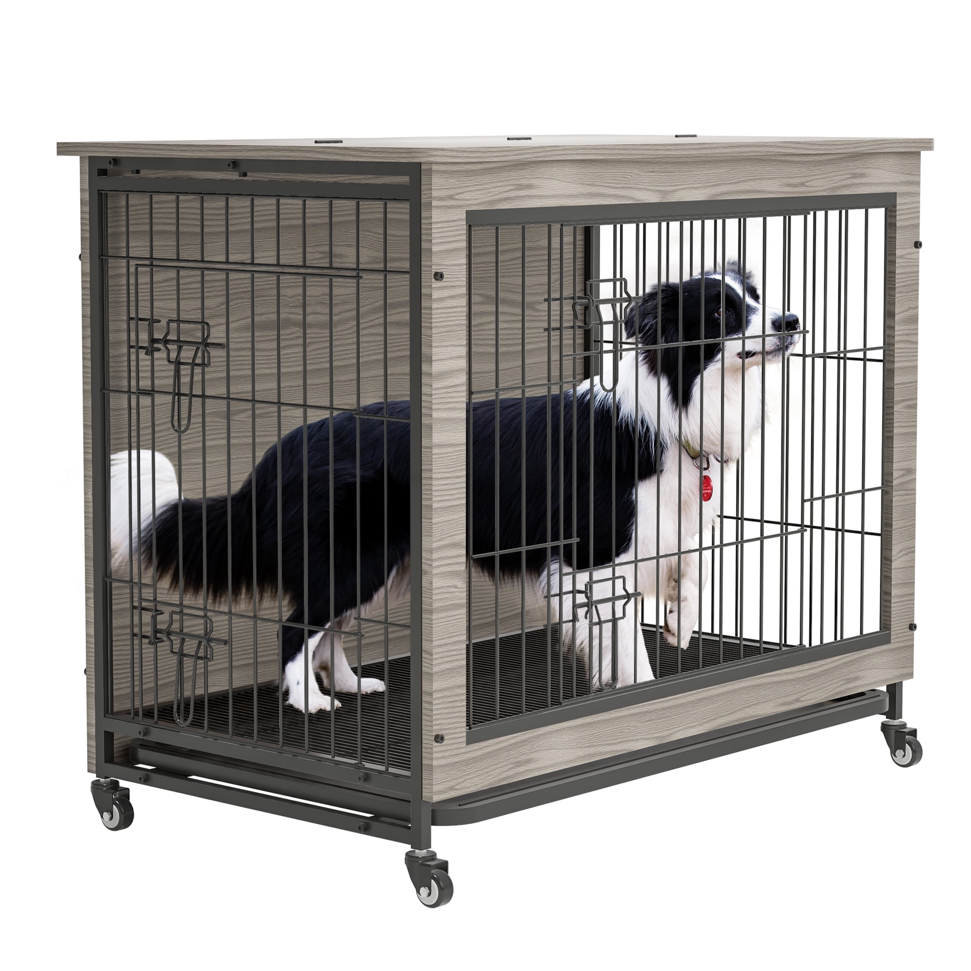Pefilos 38.3" Double-Doors Dog Crate with Cushion, Indoor Wooden Dog Cage Furniture, Dog House Kennel for Small Dogs, Gray Pefilos 38.3" Double-Doors Dog Crate with Cushion, Indoor Wooden Dog Cage Furniture, Dog House Kennel for Small Dogs, Gray