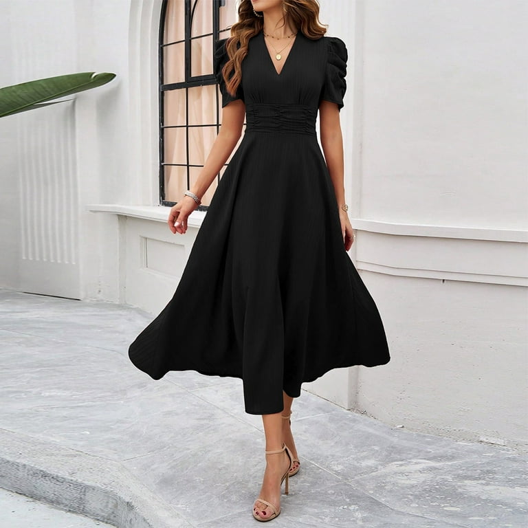 Women's Short Sleeve Dress High Waist V Neck Puff Sleeve Dresses