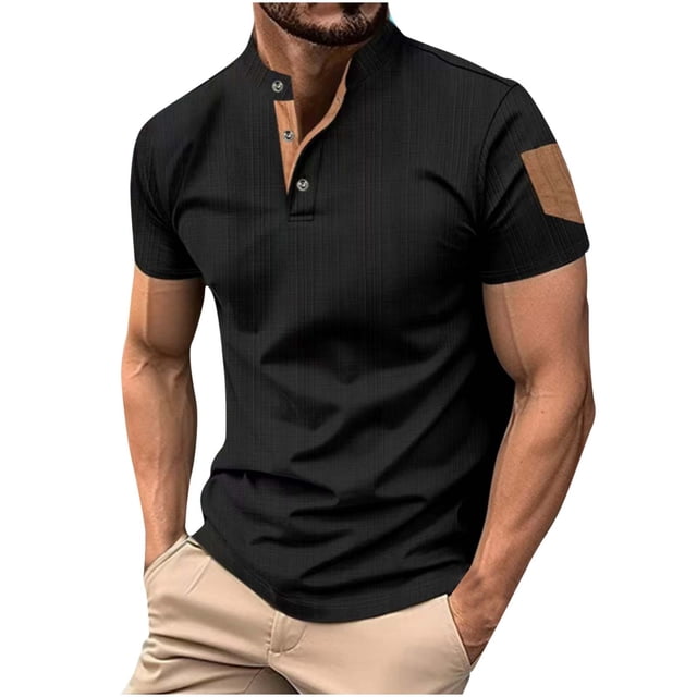 Mens Manga Corta Botón Abajo Camisas con Bolsillo, Color Sólido Botón de Cuello de Pie Blusa para el Ocio Y Casual
