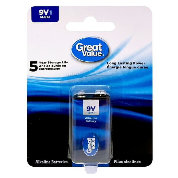 Great Value 9 V 6LR61 Alkaline Battery 1-Pack, 5-year storage life, Long lasting power guarantee