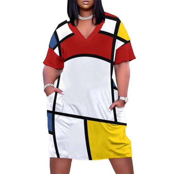 Mondrian Grid Loose Pocket Dress summer dress korean women luxury dresses