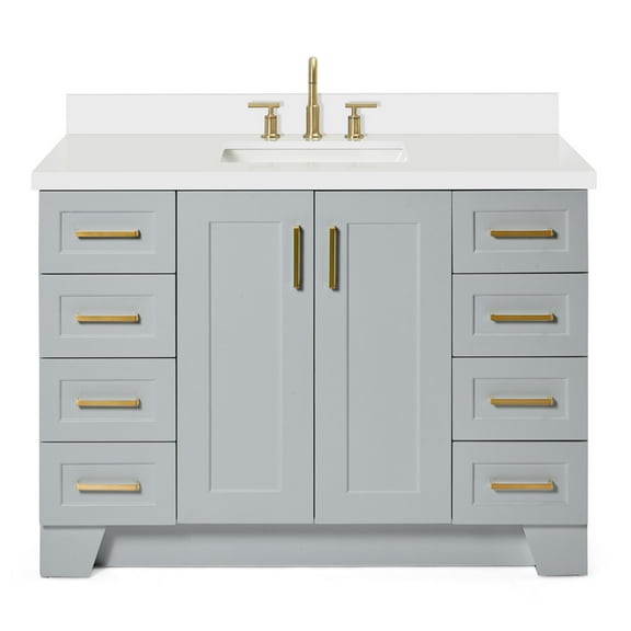 ARIEL 49" Grey Bathroom Vanity with 1.5" Edge Pure White Quartz Countertop & Backsplash, Center Rectangular Sink, 2 Soft Closing Doors, 9 Full Extension Dovetail Drawers, Toe Kick, Satin Brass