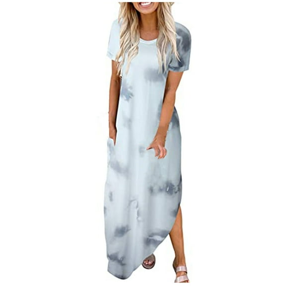 under $5 JINMGG 2026 Summer Dresses under $10.00 Women Fashion O-Neck Gradient Printing Short Sleeve Casual Slit Long Dresses