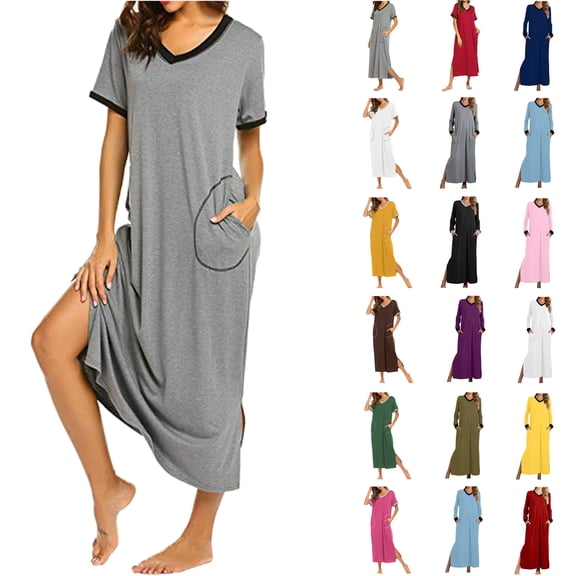 Feancey Womens Long Sleeve Nightgown Cotton Casual Loose V Neck Maxi Dresses Side Split Long Sleepwear Fall Comfy Soft Nightwear with Pockets,Army Green,XXL