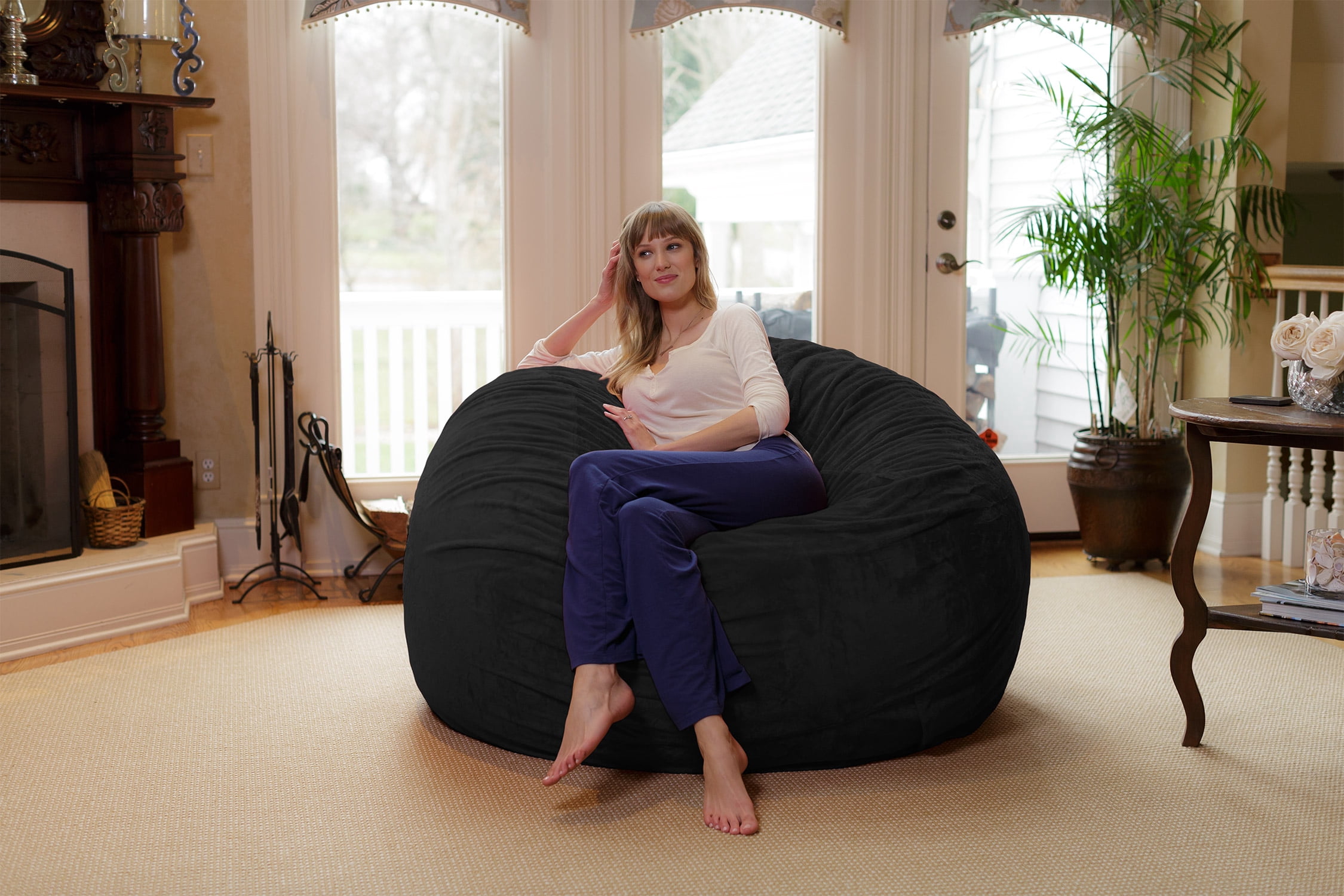 Chill Sack Bean Bag Chair, Memory Foam Lounger with Microsuede Cover, Kids, Adults, 6 ft, Ultra Fur Black