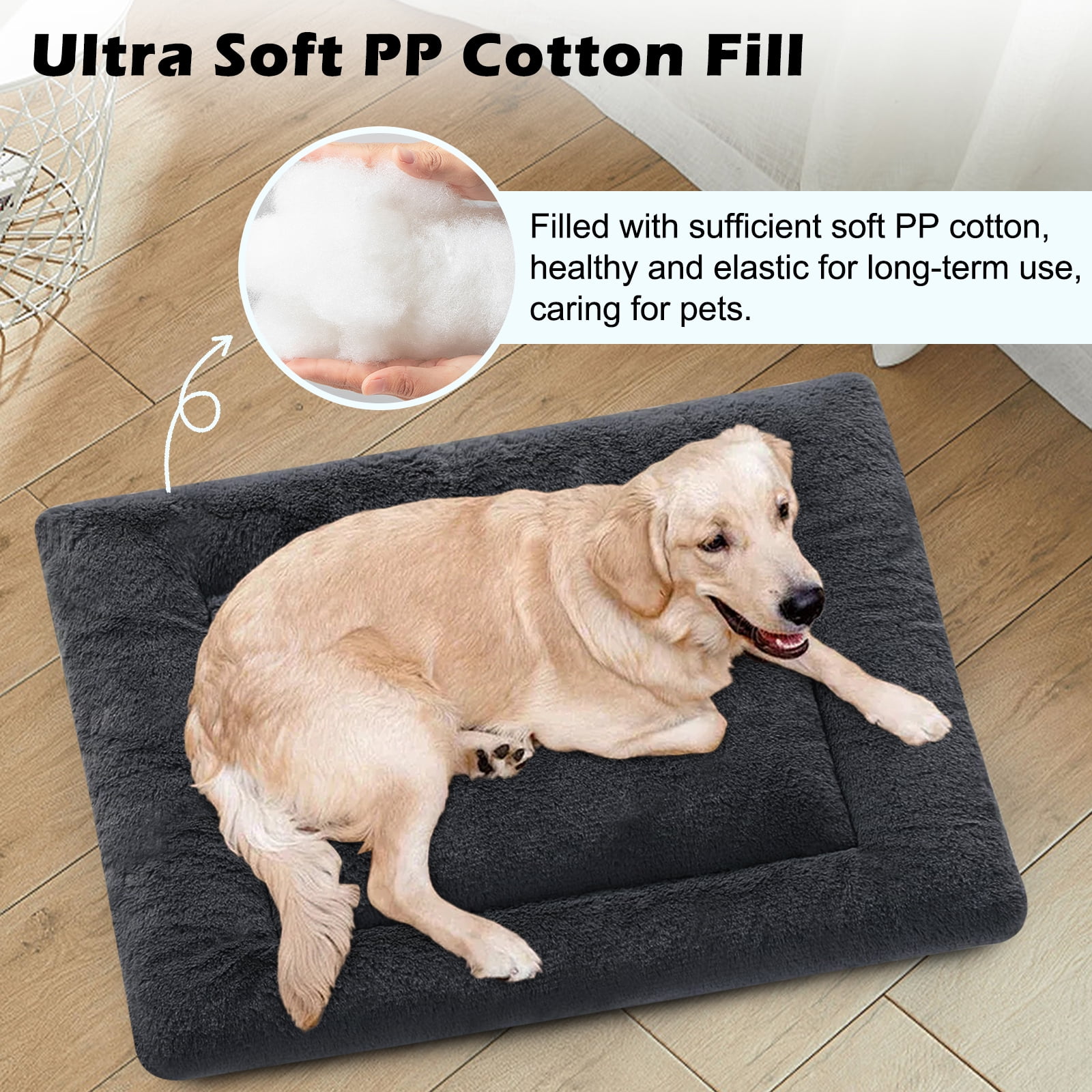 MERITLIFE Plush Washable Dog Bed Ultra Soft Dog Crate Mat Kennel Pad,Anti-Slip Pet Sleeping Bed for Small Medium Large Dogs,Dark Gray 48" x 30"