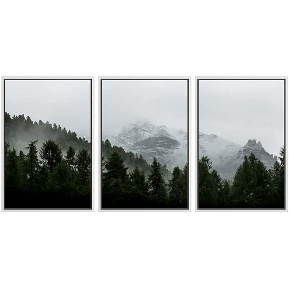 wall26 - 3 Piece Framed Canvas Wall Art - Landscape with Mountain with Fog - Modern Home Art Stretched and Framed Canvas Ready to Hang - 24"x36"x3 White