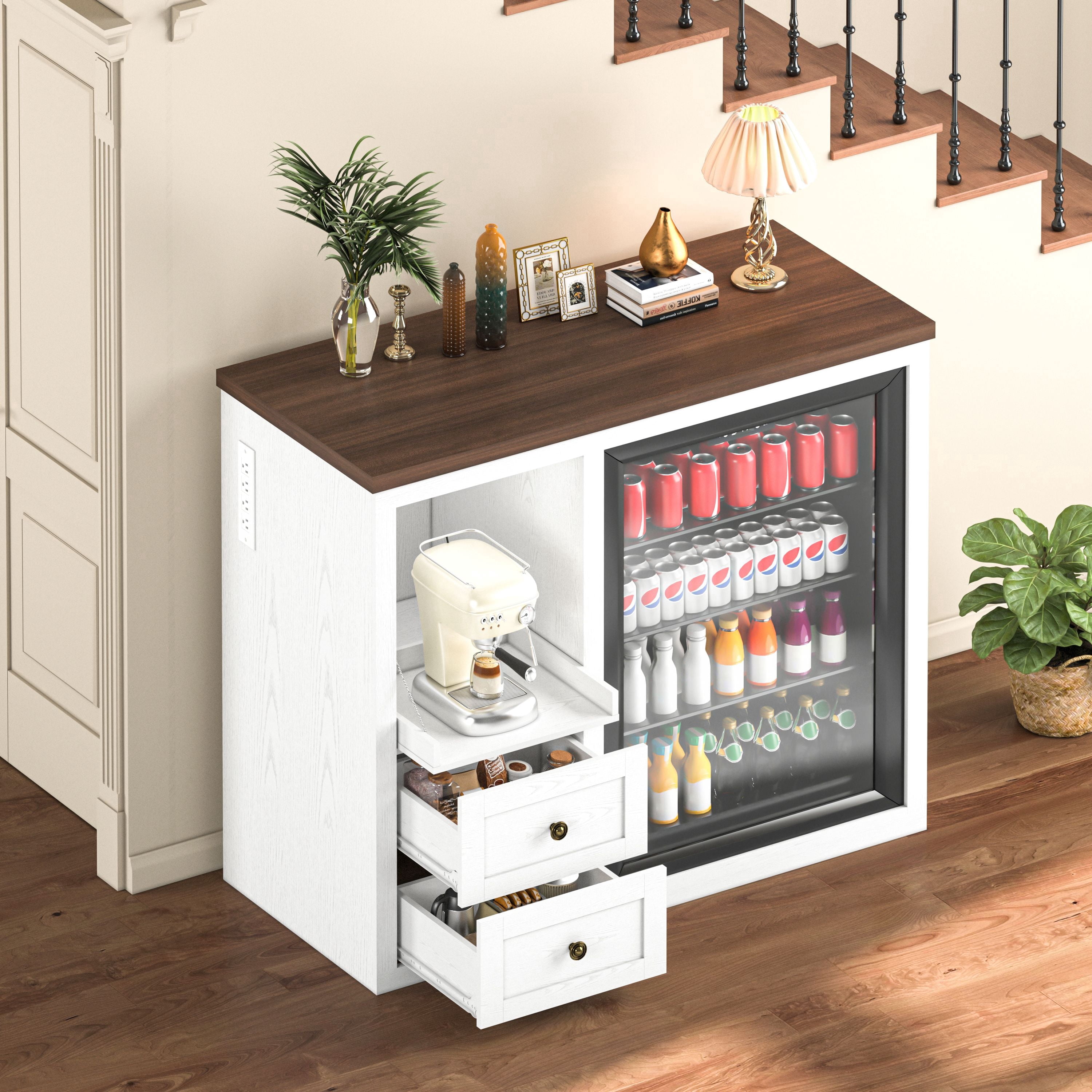 JassmiPkwy Mini Fridge Stand with Built-in Storage, Coffee Bar Cabinet with 2 Drawers & Power Outlet, for Coffee Maker, Microwave, White