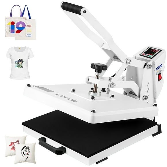 VEVOR Heat Press Machine, 15 x 15 in, Clamshell Sublimation Transfer Printer with Teflon Coated, Digital Precise Heat Control,Powerpress for T-Shirts Bags Pads, White