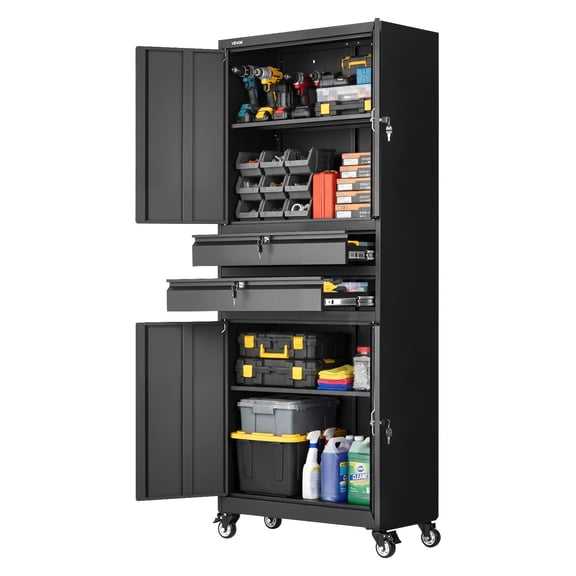 VEVOR Metal Storage Cabinet with Wheels, 180 lbs Shelf Load Capacity, 75" Tall Rolling Garage Tool Storage Cabinet with 4 Locking Doors and Adjustable Shelves, 2 Drawers, for Garage, Office, Home