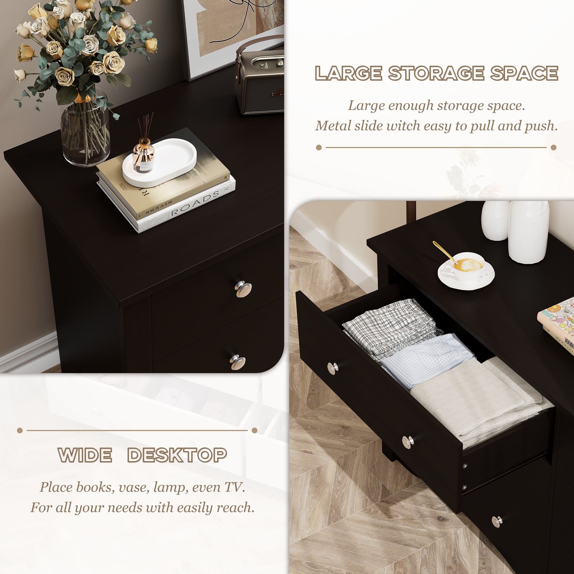 Vineego 58'' 6 Drawers Dresser, Rustic Modern Chest of 6 Drawers Extra Wide Double Dresser for Master Bedroom or Nursery Storage,Brown